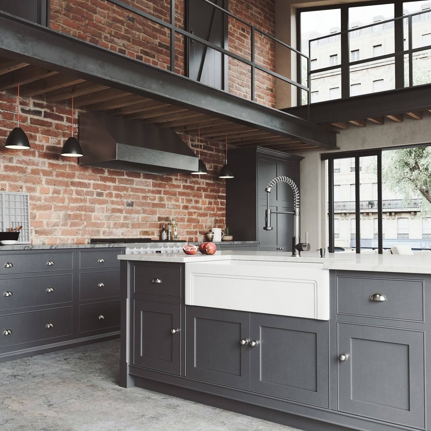 36 in. Matte Stone Farmhouse Kitchen Sink Set with Matte Black Faucet B155