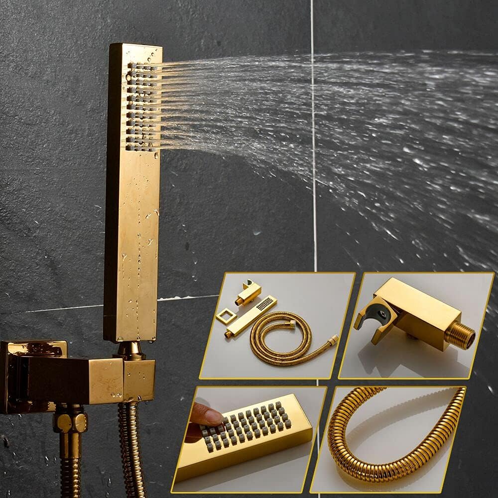 Polished Gold 12 Inch Brass Ceiling Mounted Thermostatic Rainfall Shower System Set B96161