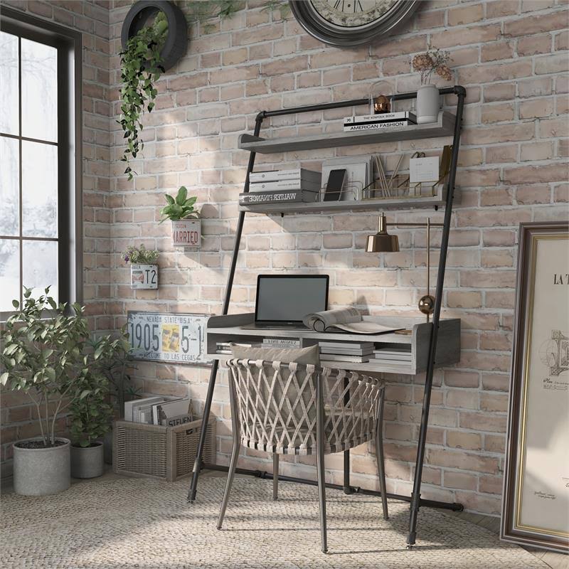 2-Piece Desk and Bookcase Set in Gray Oak P67047