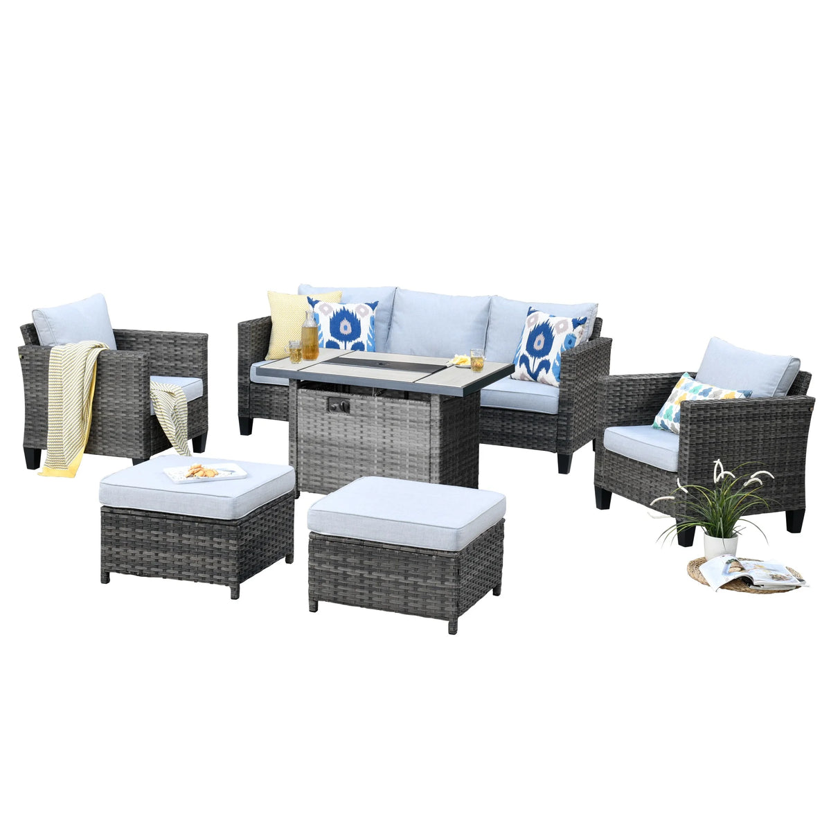 6 Pieces Outdoor Patio Furniture with Rectangle Fire Pit Table Wicker Set O258