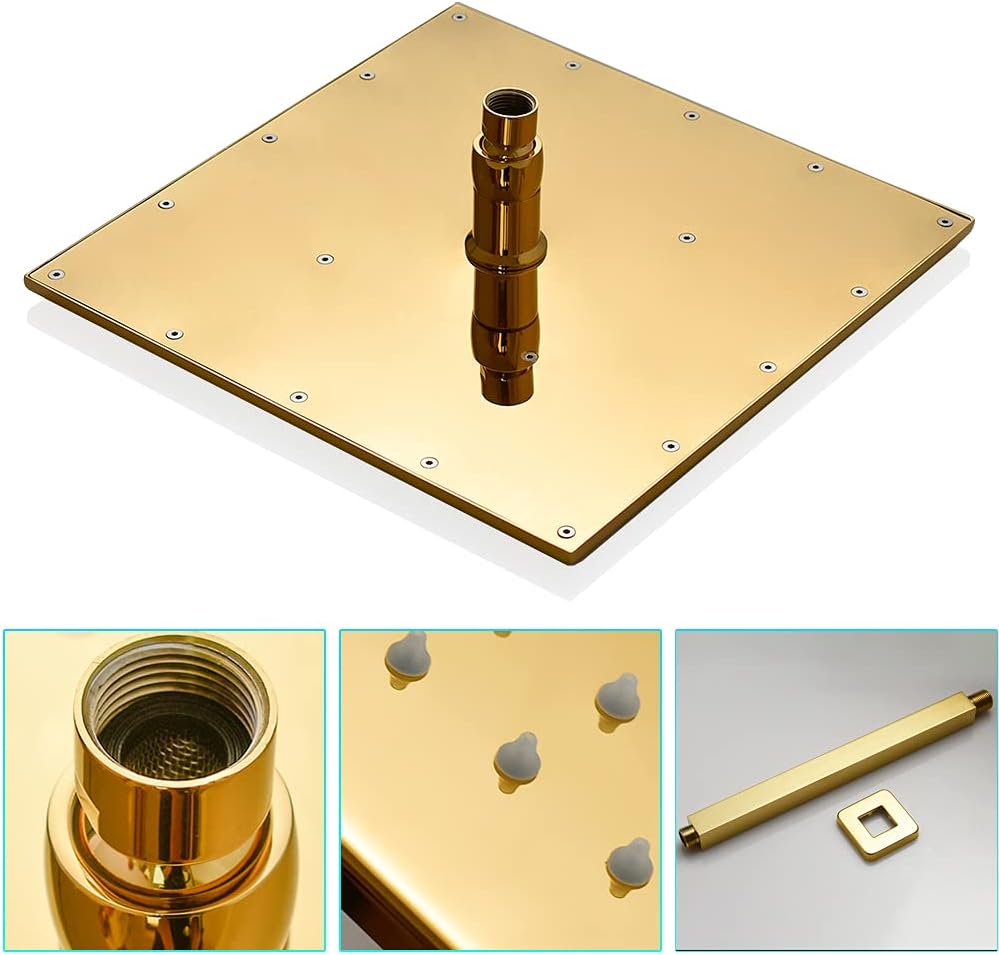 Polished Gold 12 Inch Brass Ceiling Mounted Thermostatic Rainfall Shower System Set B96161