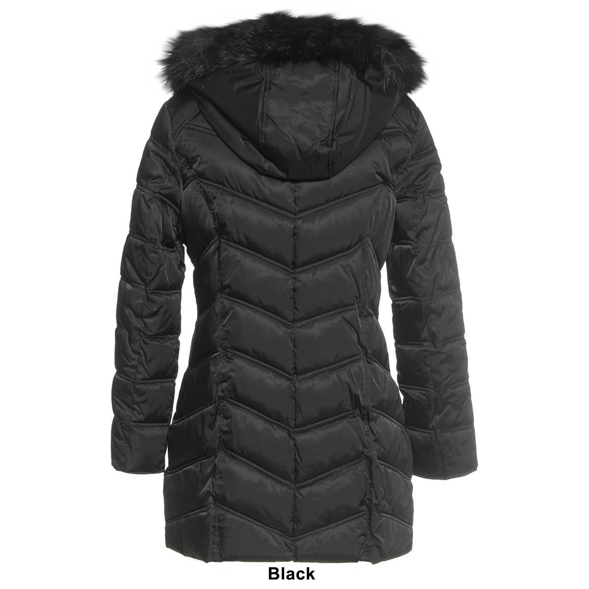Black Chevron Quilted Coat with Faux Fur Hood V8357