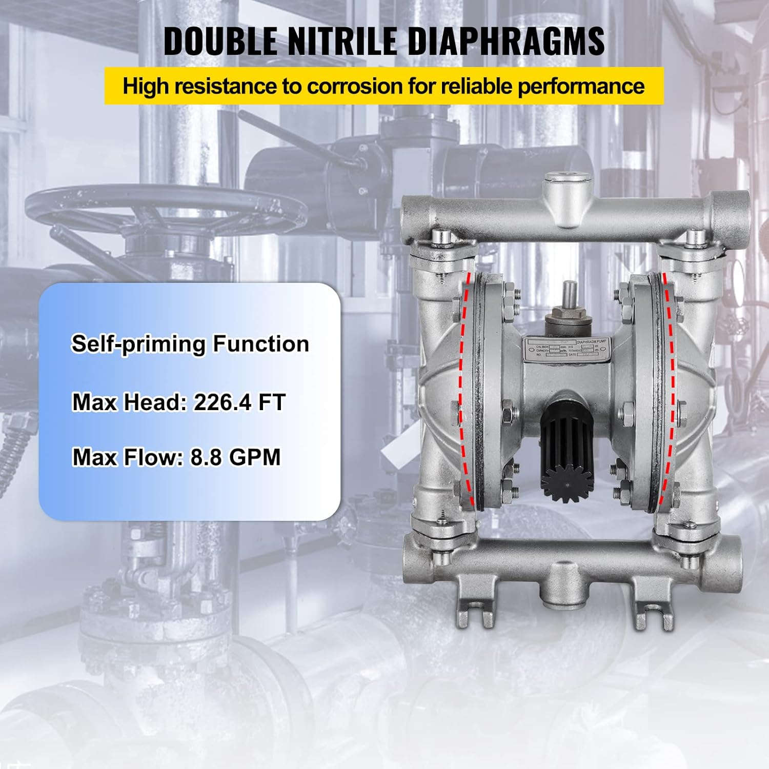 Air-Operated Double Diaphragm Pump 1/2 inch 304 Stainless Steel 12 GPM Max 115PSI Nitrile Diaphragm Q6370