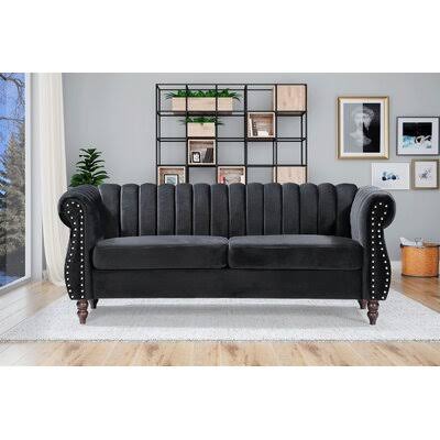 Black Velvet Rolled Arm Chesterfield Sofa M688137