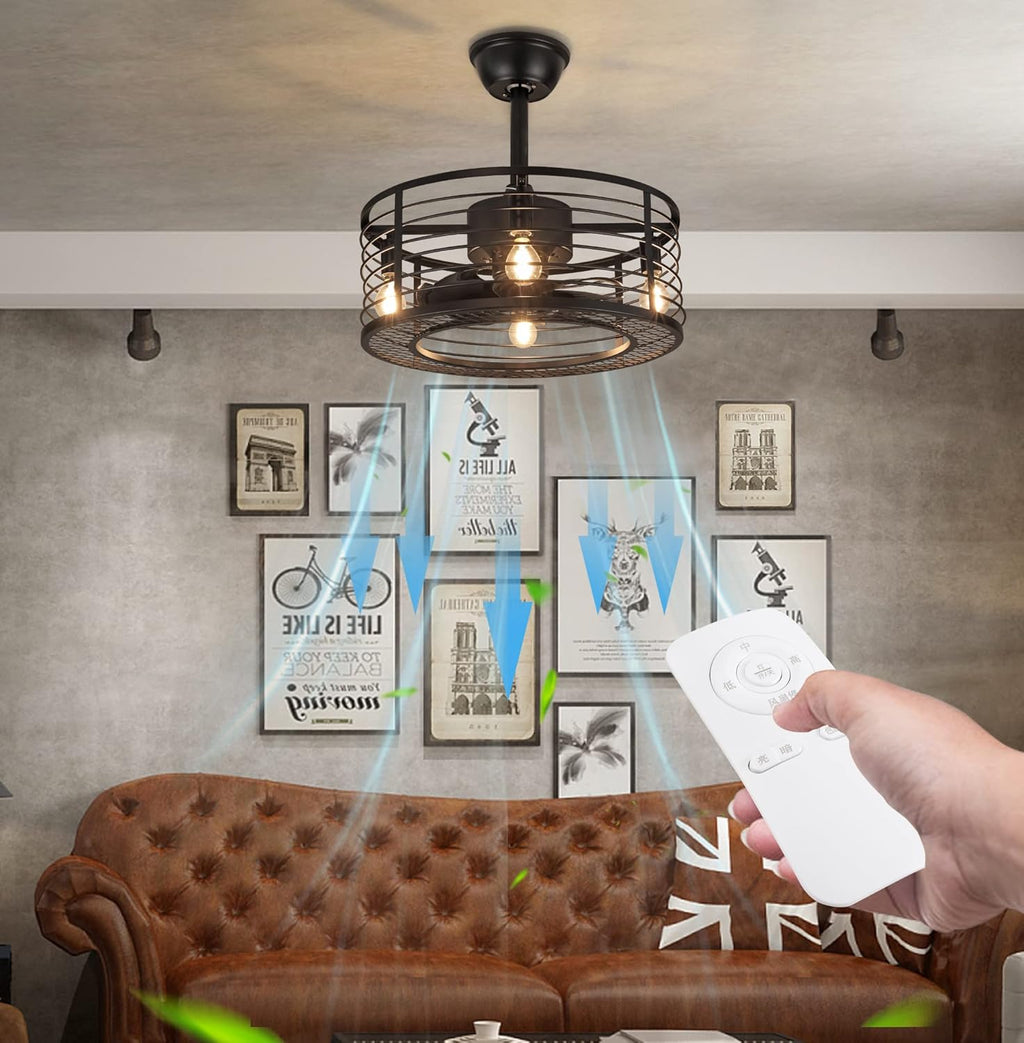 Black Industrial Caged Ceiling Fan with Remote Control I46024