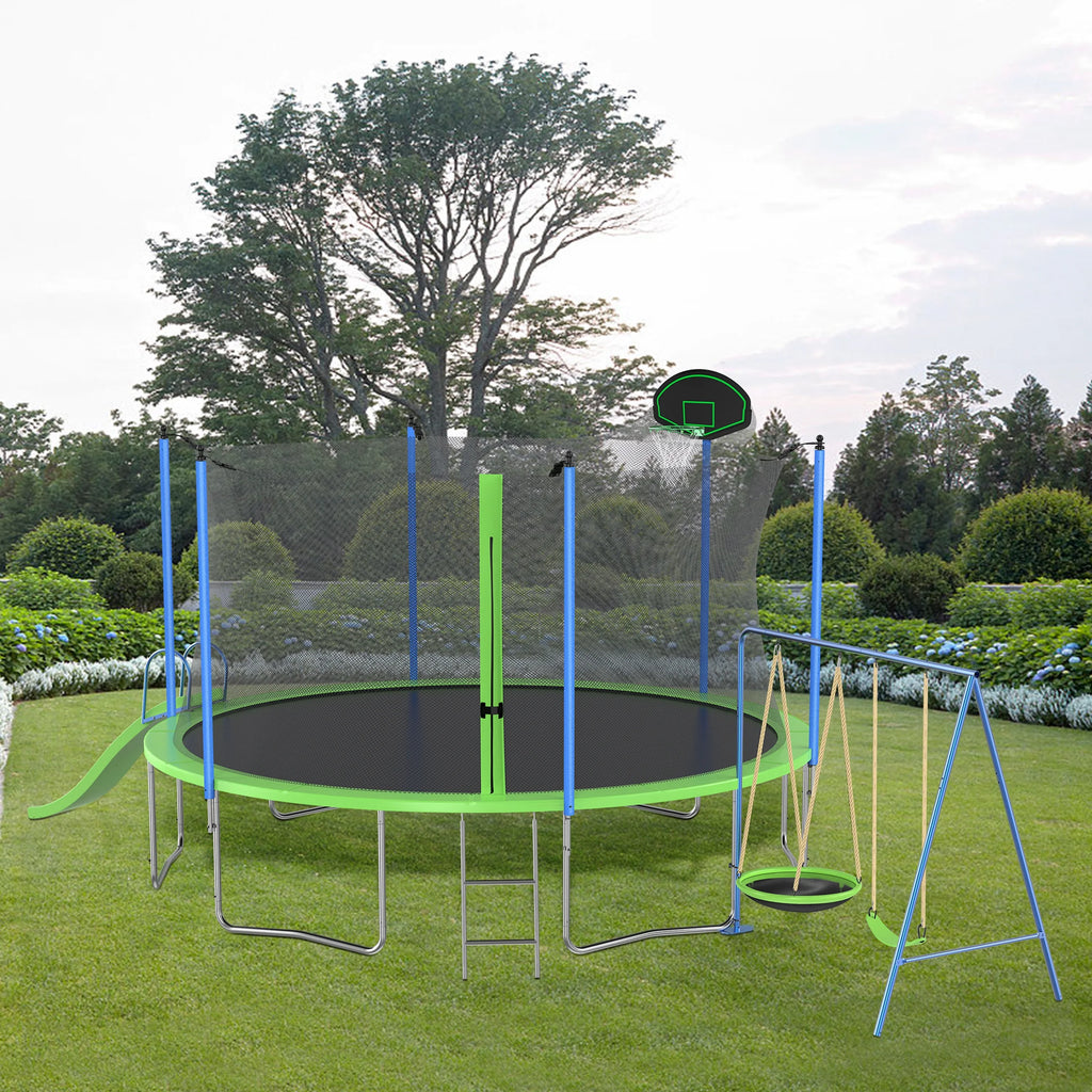 12ft Kids Trampoline with Swing, Slide, Basketball Hoop, Safety Enclosure Net F444224