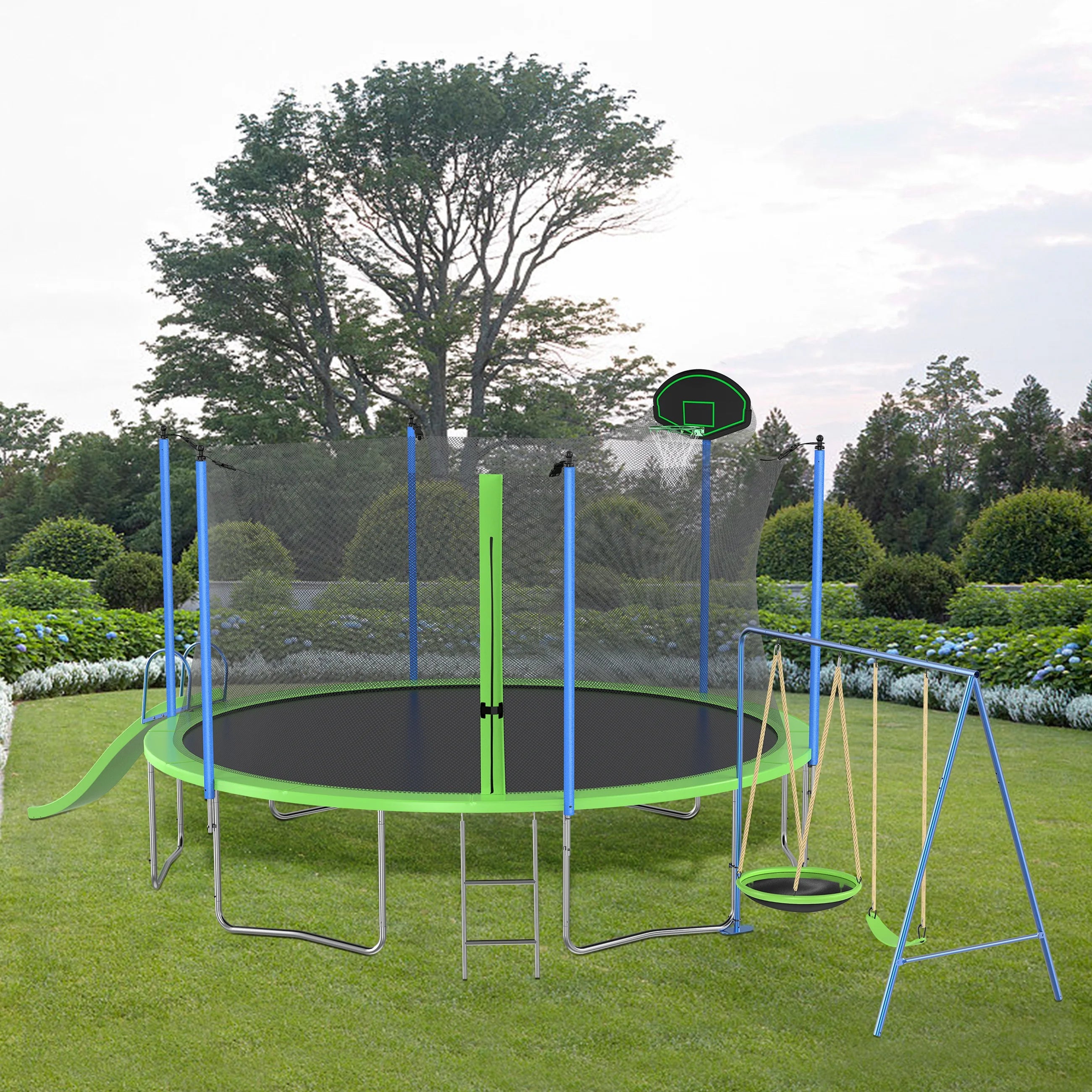 12ft Kids Trampoline with Swing, Slide, Basketball Hoop, Safety Enclosure Net F444224