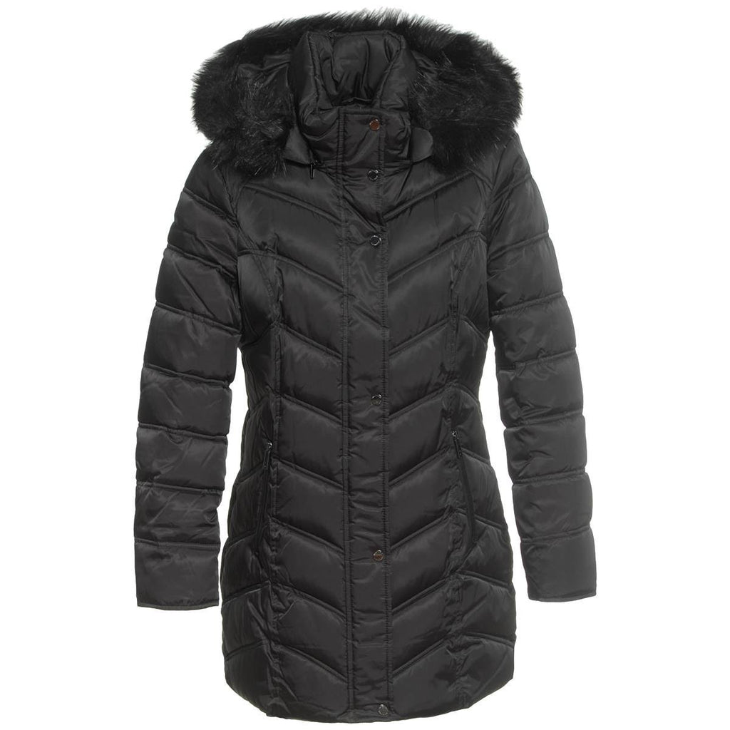 Black Chevron Quilted Coat with Faux Fur Hood V8357