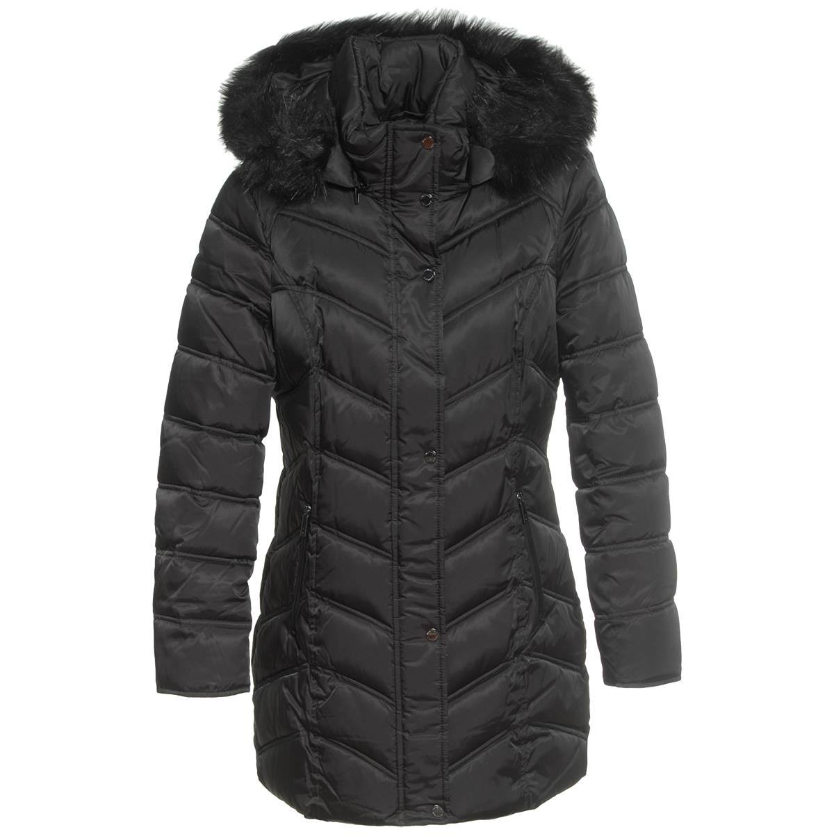 Black Chevron Quilted Coat with Faux Fur Hood V8357