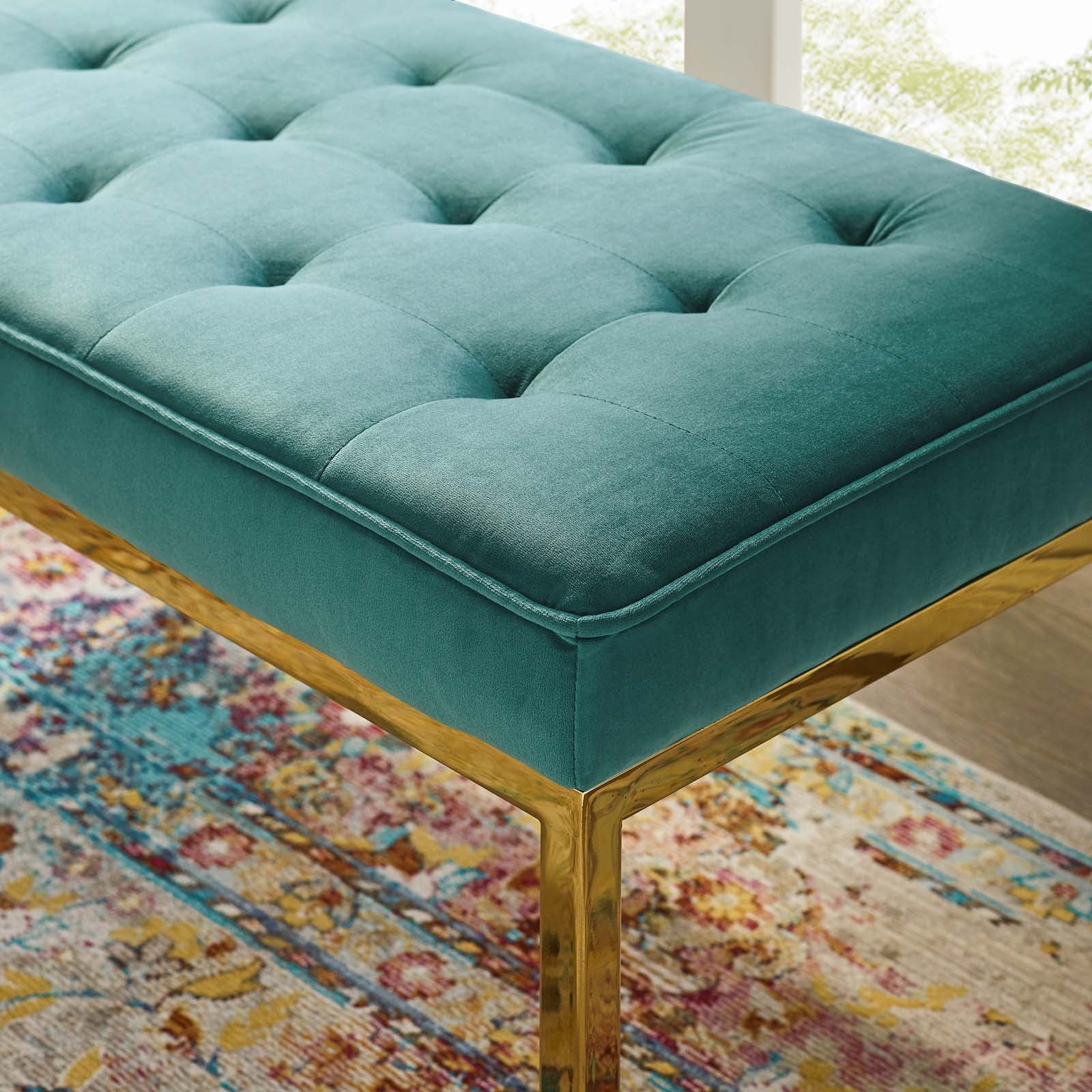 Teal Performance Velvet Bench with Gold Stainless Steel Leg M507789