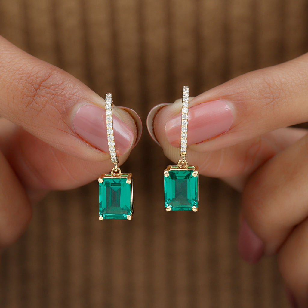 14K Yellow Gold Lab Created Emerald Drop Earrings with Diamond O59545