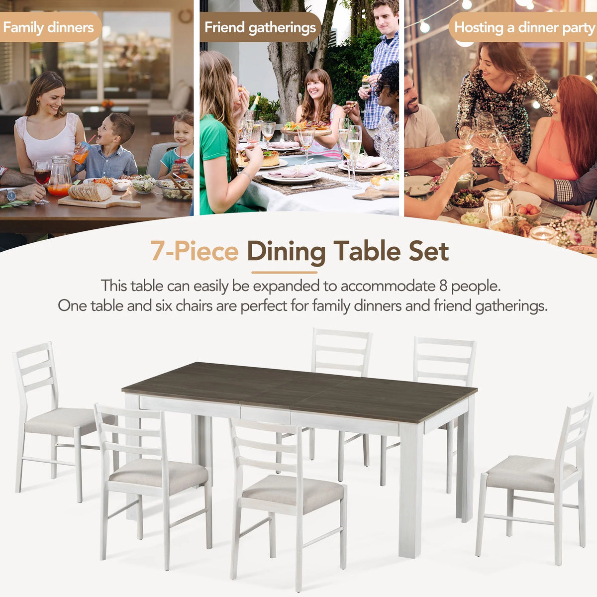 Farmhouse 7 Piece Dining Set Extendable Table with 12” Leaf and 2 Drawers J220