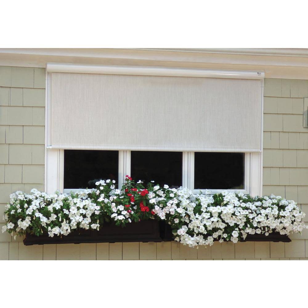 Desert Sand Corded Light Filtering Motorized Vinyl Exterior Solar Shade Right Motor White Cassette 96 in. W x 84 G6560
