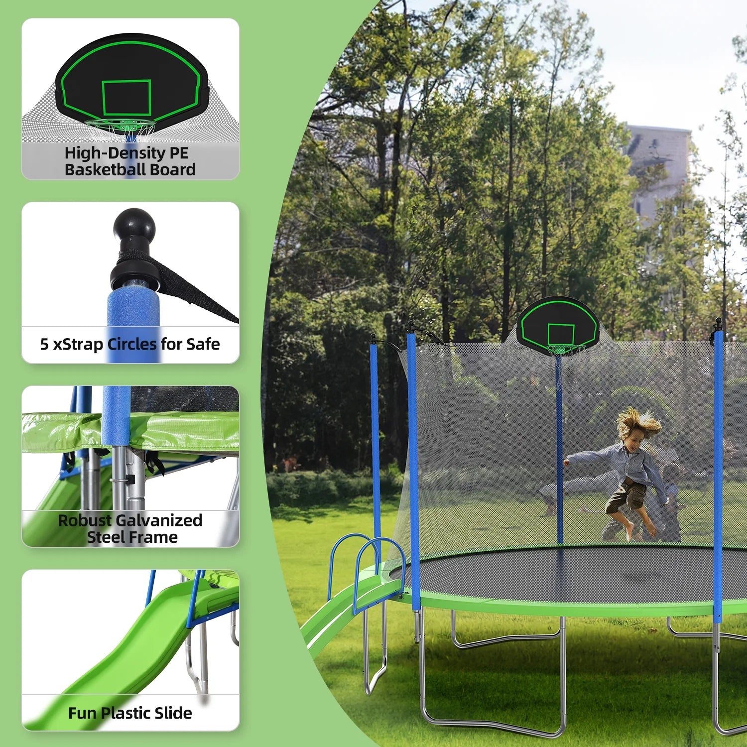 12ft Kids Trampoline with Swing, Slide, Basketball Hoop, Safety Enclosure Net F444224