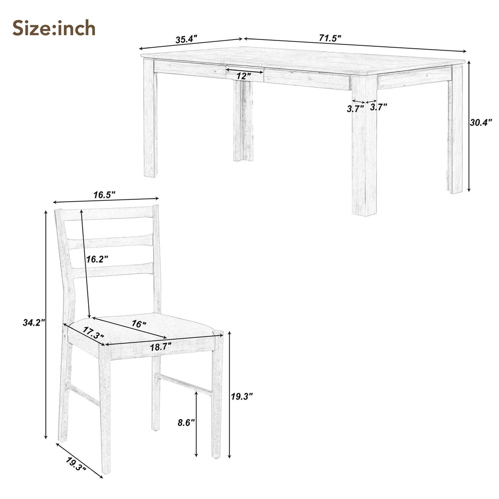 Farmhouse 7 Piece Dining Set Extendable Table with 12” Leaf and 2 Drawers J220