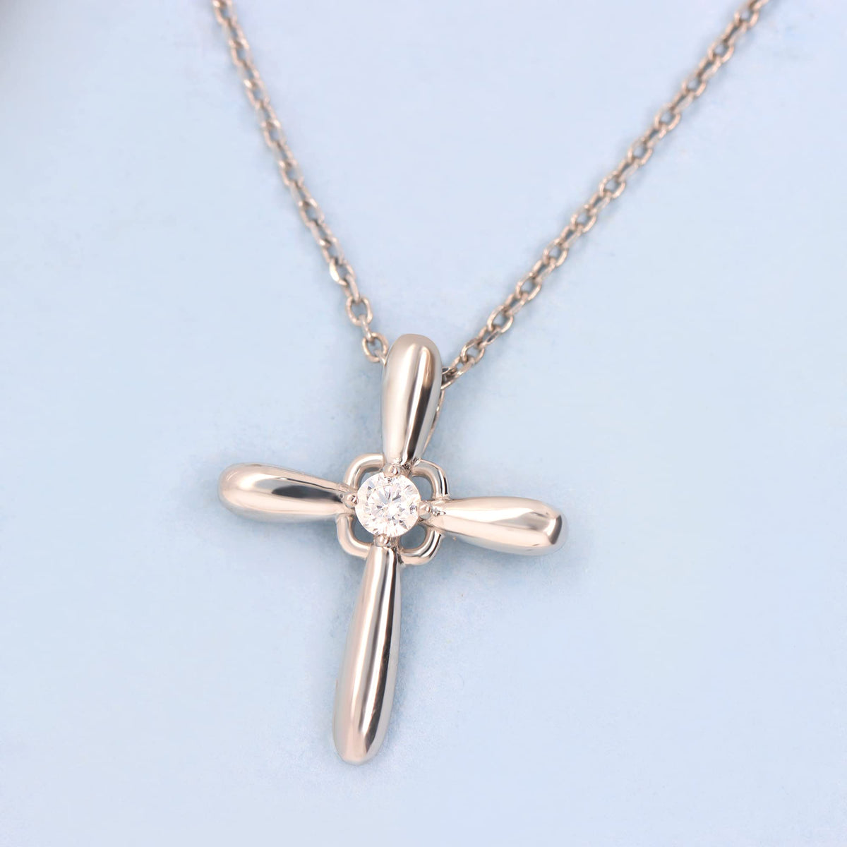 14K Rose Gold Diamond Cross Necklace Pendant, 18 Inch Chain A4872