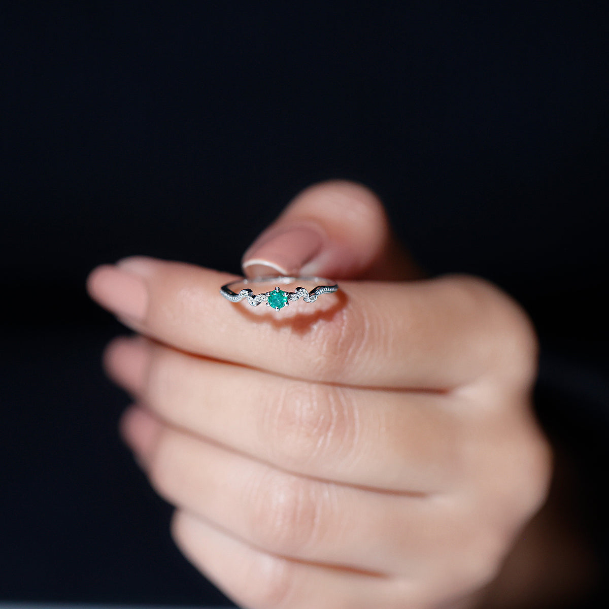 Emerald Leaf Promise Ring with Diamond, 925 Sterling Silver, US 4.00 I881582