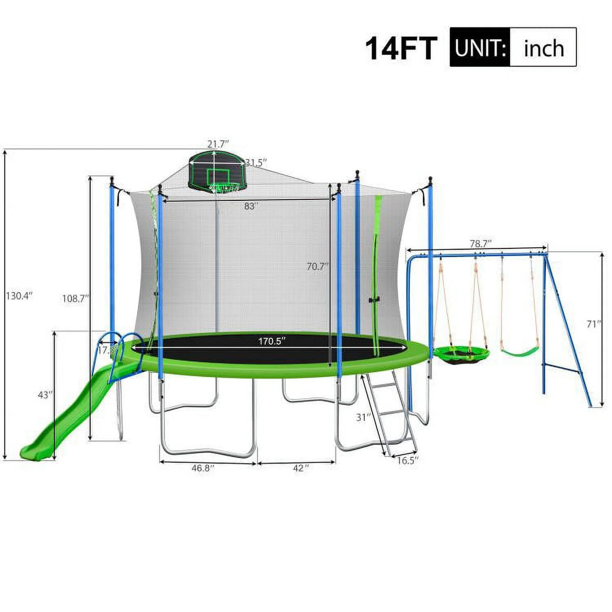 14FT Trampoline with Swing and Slide, 1200LBS Capacity, Outdoor Recreational Trampoline with Basketball Hoop Z9655
