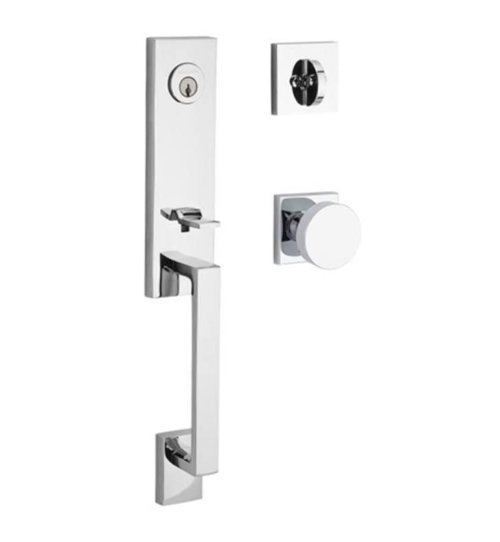 Satin Nickel Single Cylinder Handleset with Knob and Square Rose Y67393
