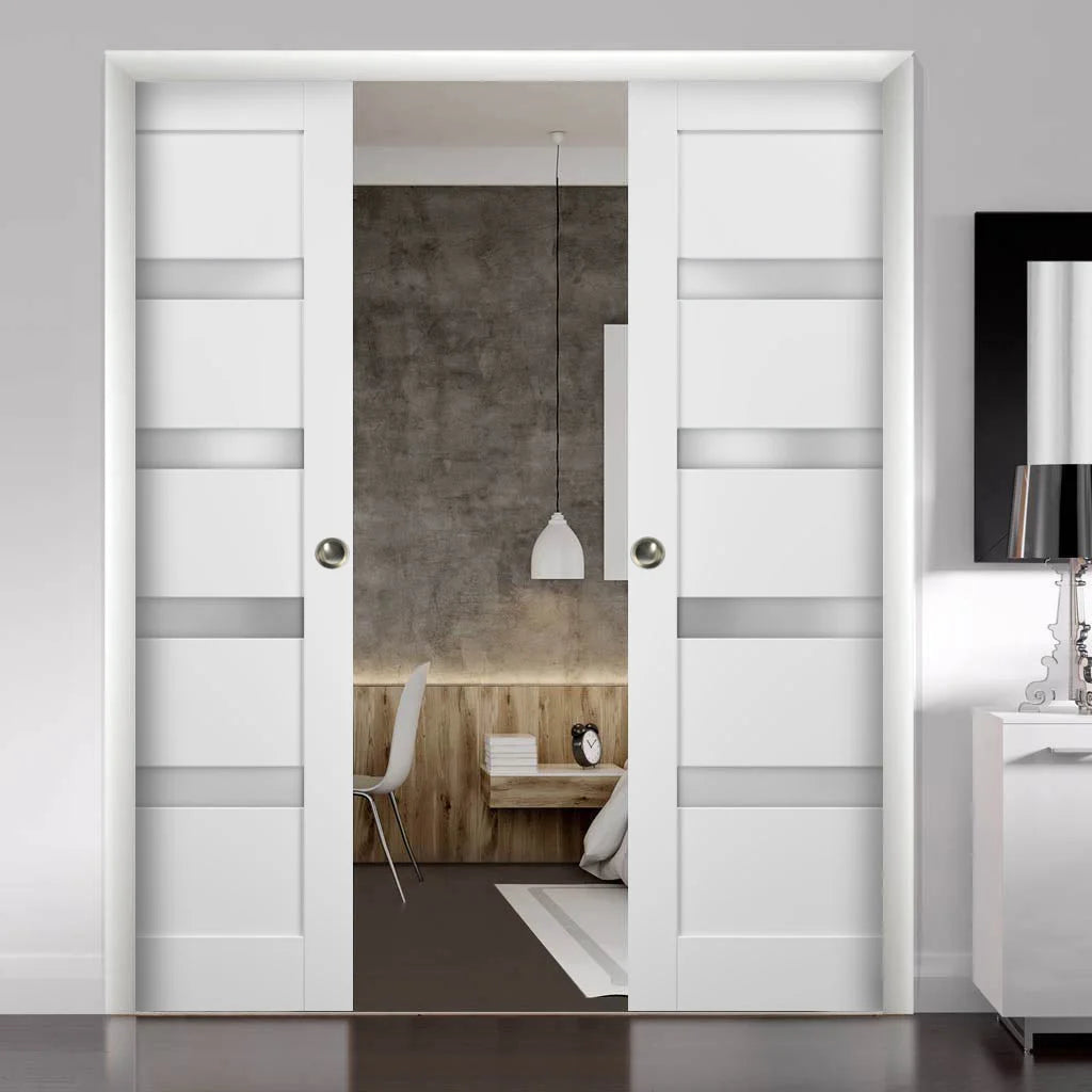 White Silk Frosted Opaque Glass Double Pocket Doors with Frames Z6595