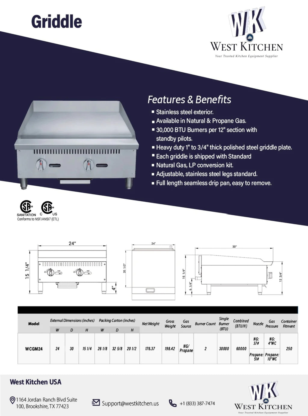 24 NG/LP Gas Manual Countertop Griddle X921048