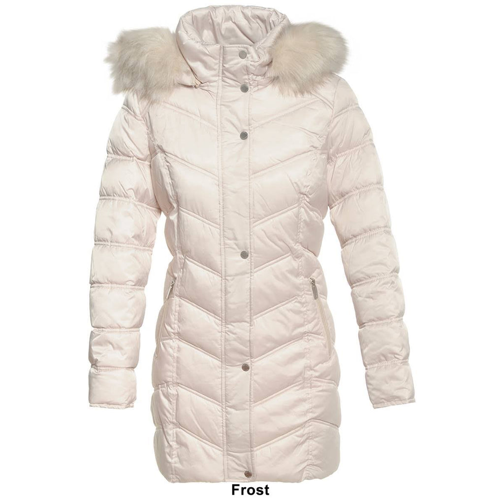 Black Chevron Quilted Coat with Faux Fur Hood V8357