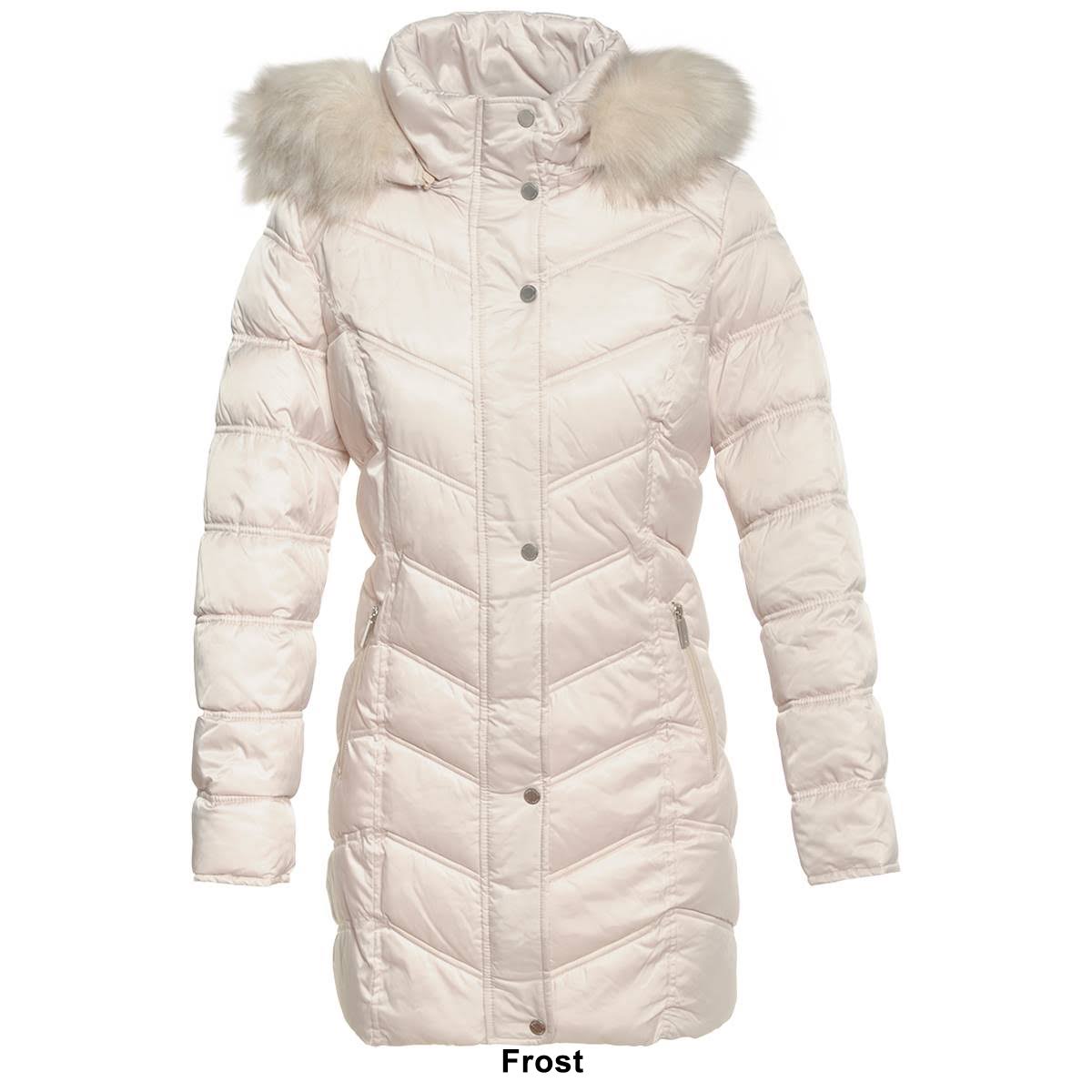Black Chevron Quilted Coat with Faux Fur Hood V8357