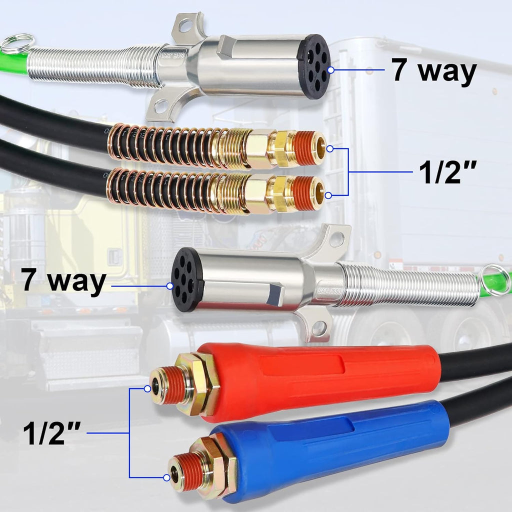 15 Ft 7 Way Heavy Duty Truck Tractor Trailer Electric Cable Wrap Cord ABS & Air Line Hose Assembly with Aluminum Glad Hands S5302
