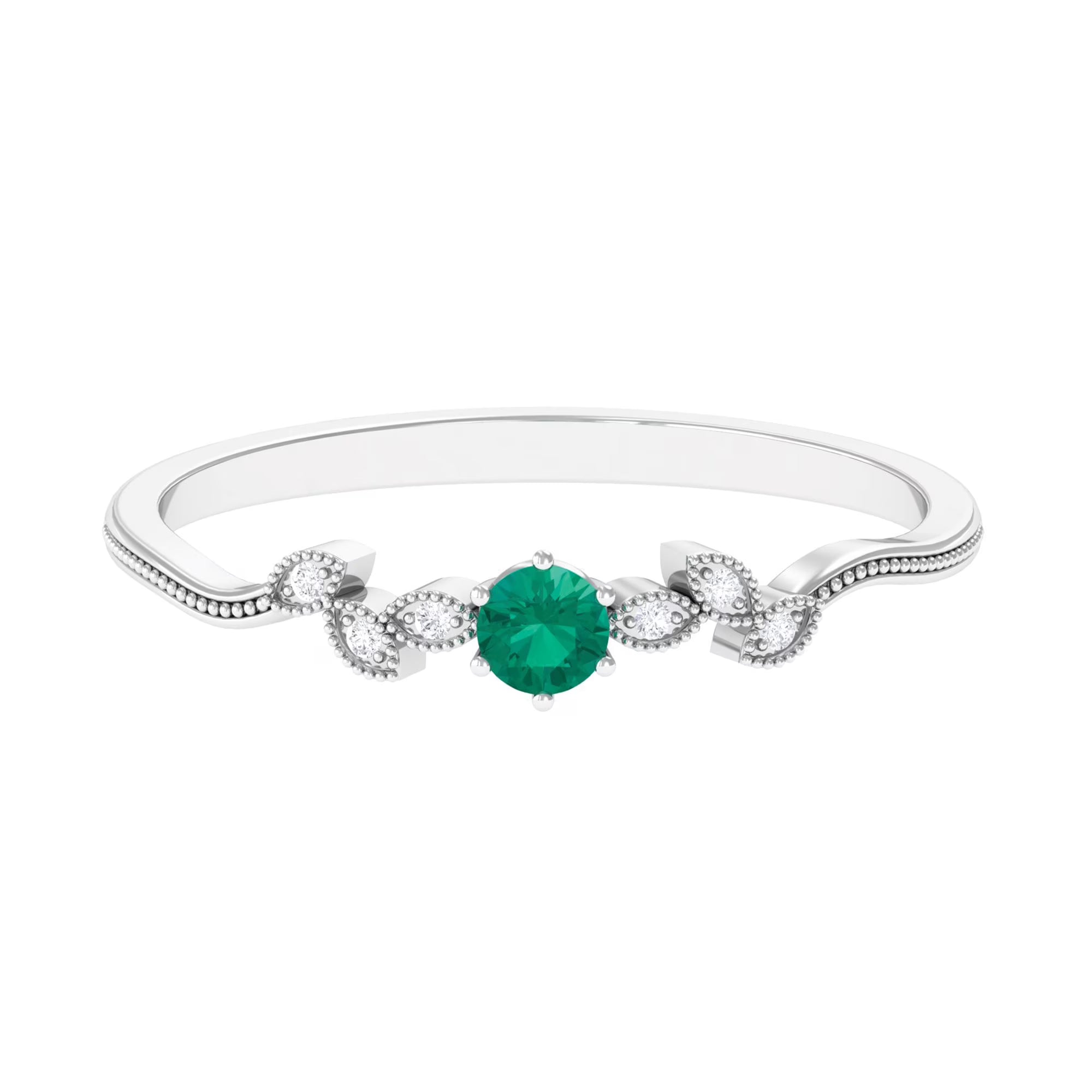 Emerald Leaf Promise Ring with Diamond, 925 Sterling Silver, US 4.00 I881582