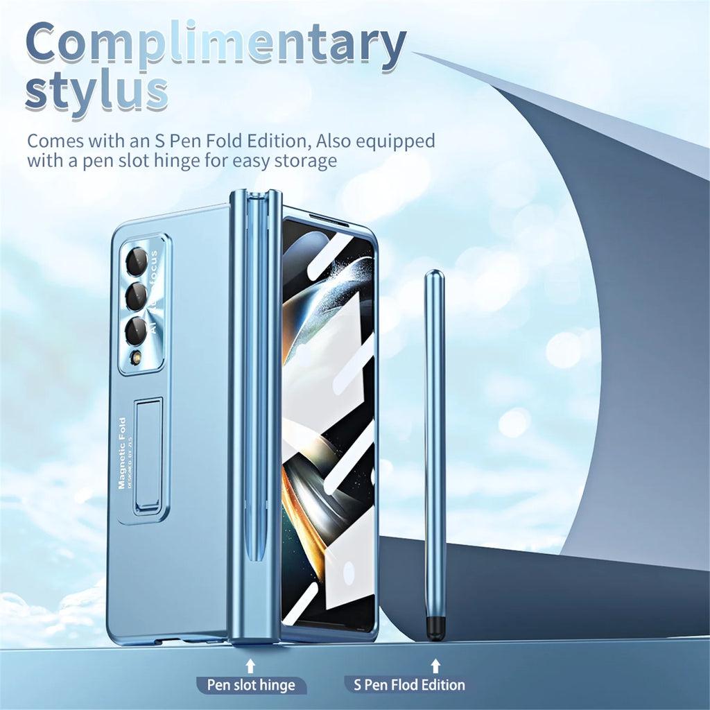 Blue Shockproof Plating Stand Case for Samsung Galaxy Z Fold 5 5G with S Pen Holder N31745