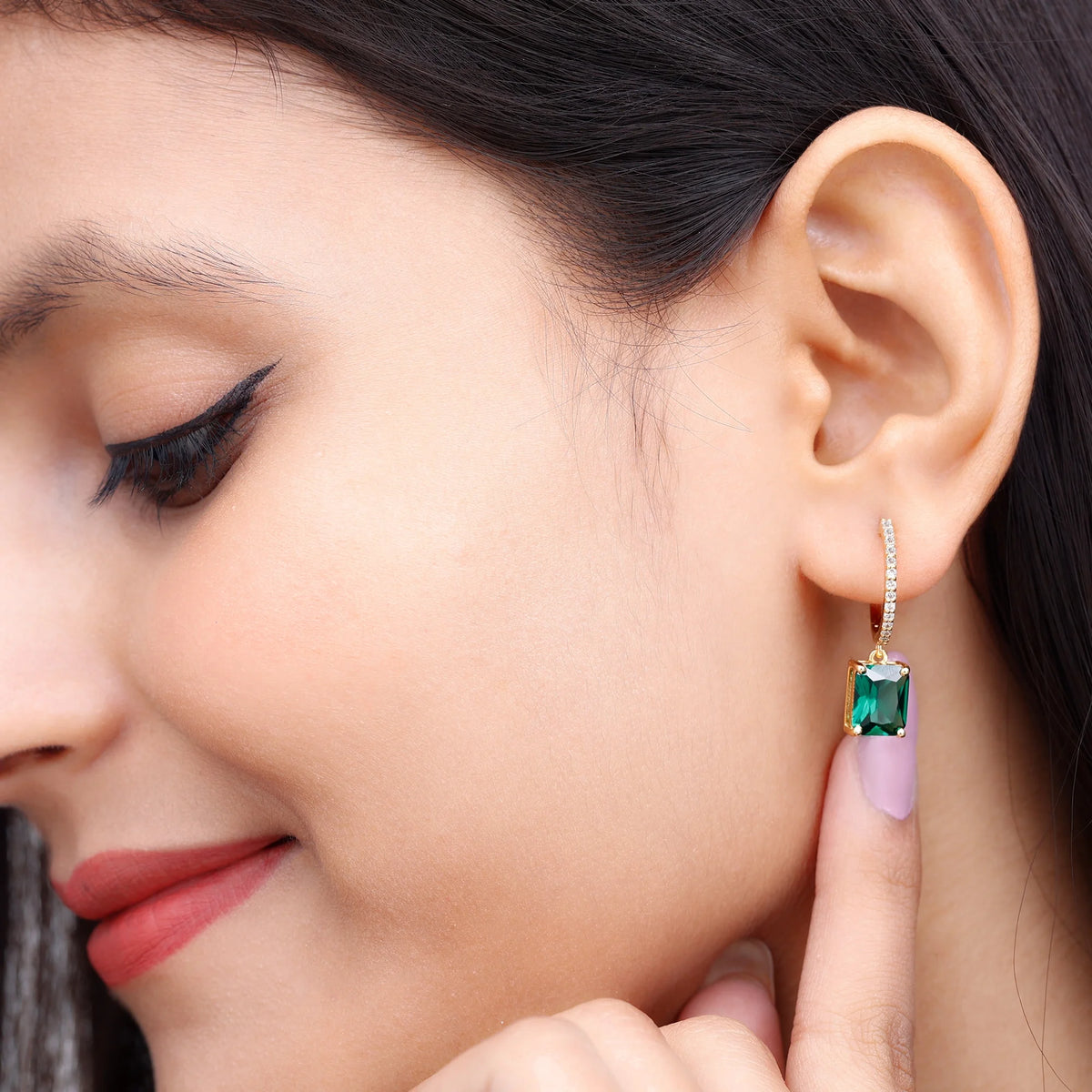 14K Yellow Gold Lab Created Emerald Drop Earrings with Diamond O59545