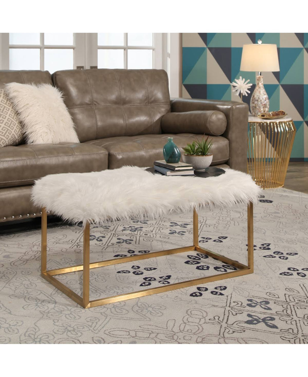White Faux Fur Ottoman X682969