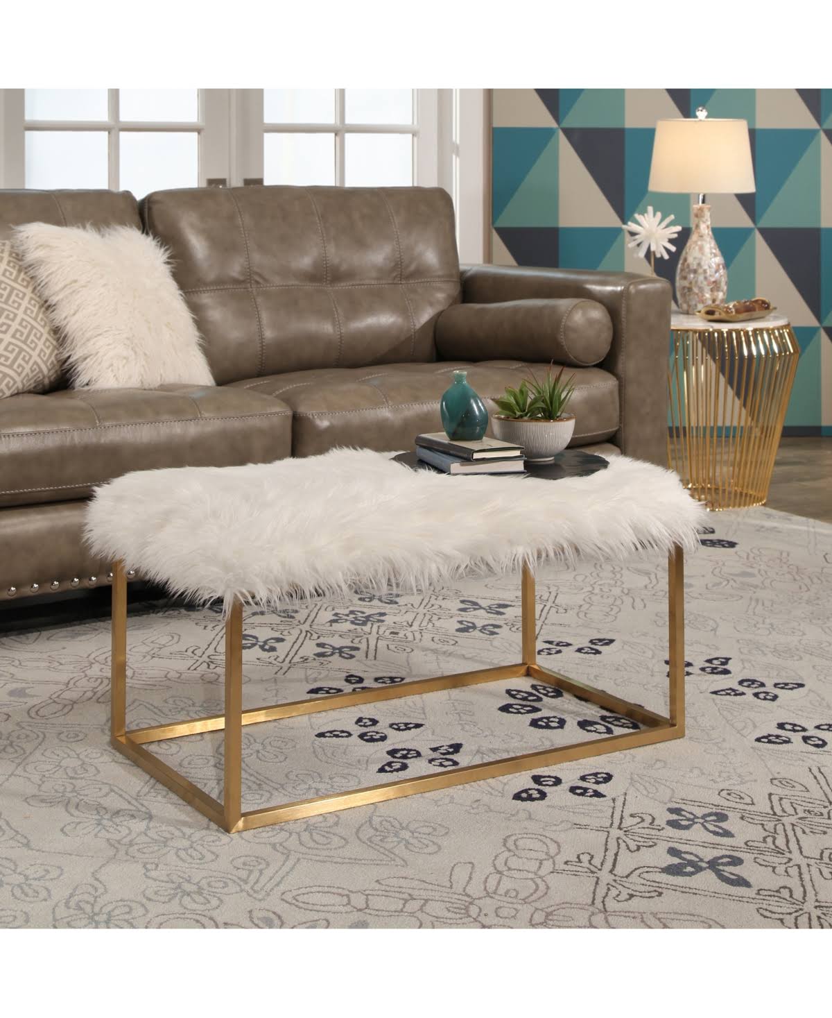 White Faux Fur Ottoman X682969