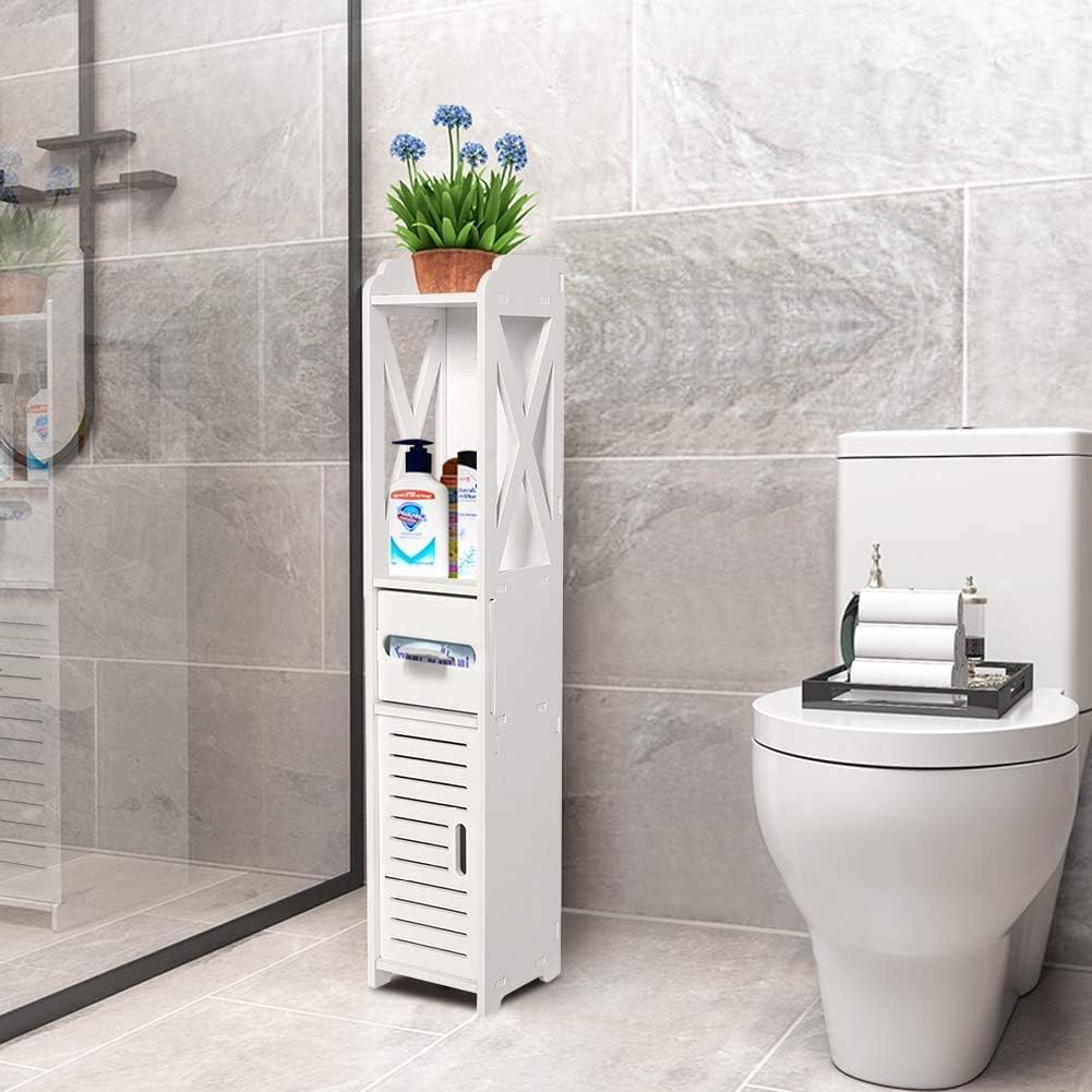 White Bathroom Floor Cabinet Storage Organizer, 31.5 x 6.1 x 5.9 inch K15760