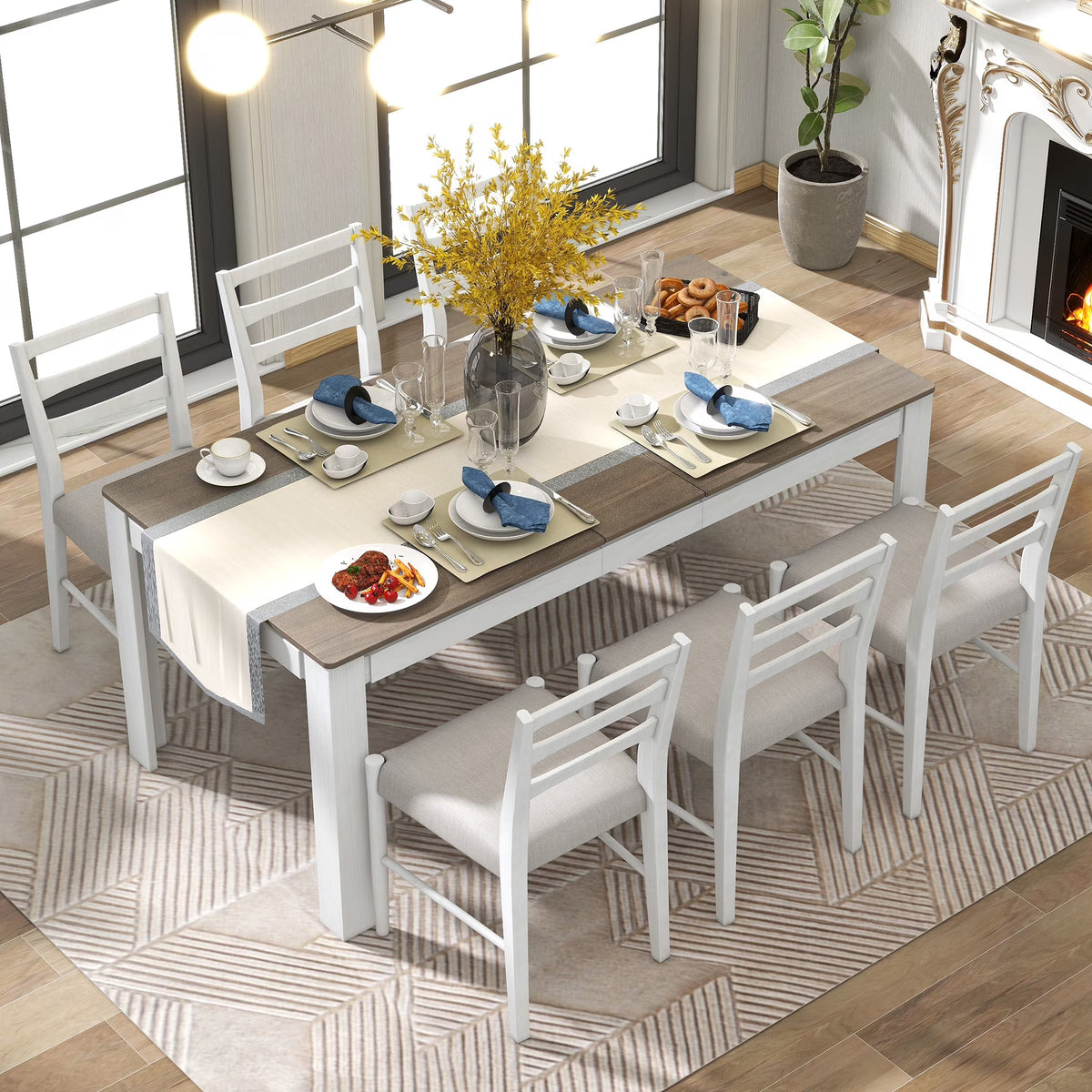 Farmhouse 7 Piece Dining Set Extendable Table with 12” Leaf and 2 Drawers J220