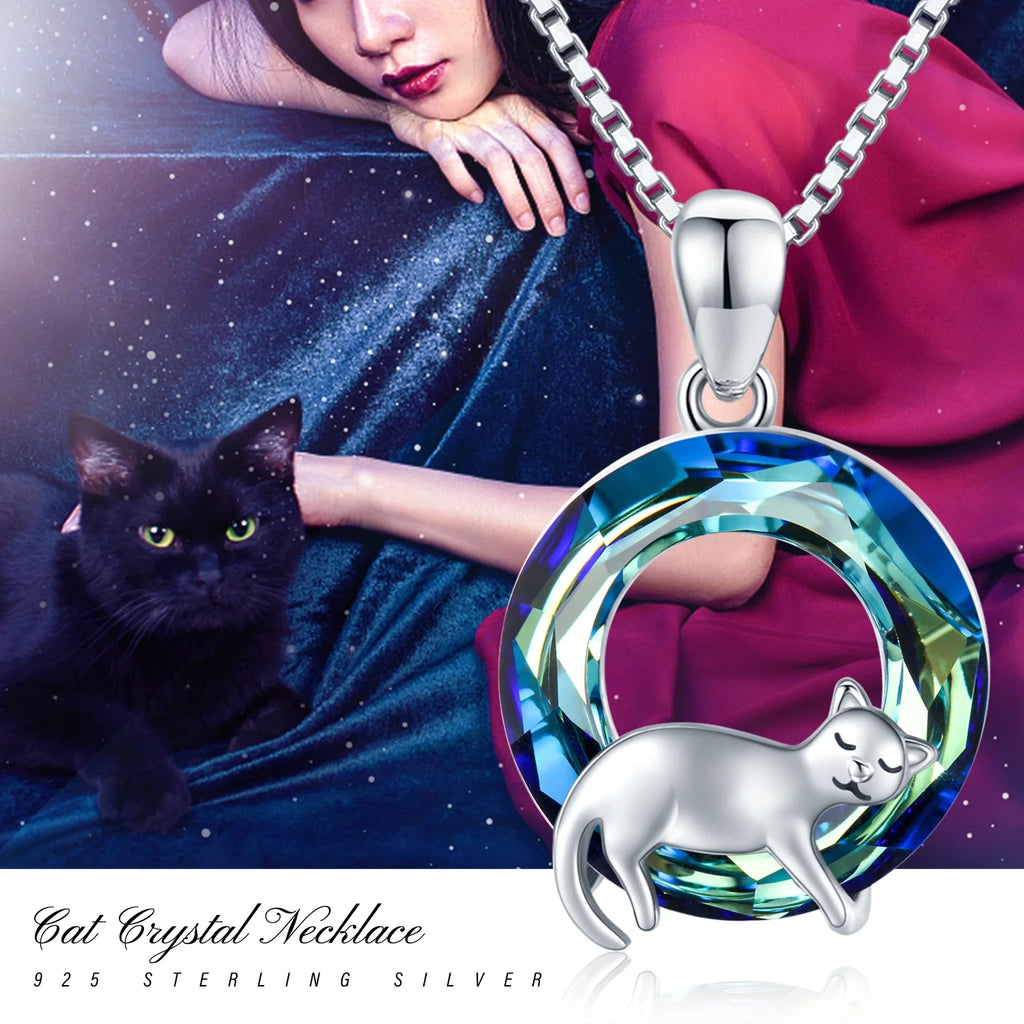 Cat Crystal Pendant Necklace 925 Sterling Silver U483
