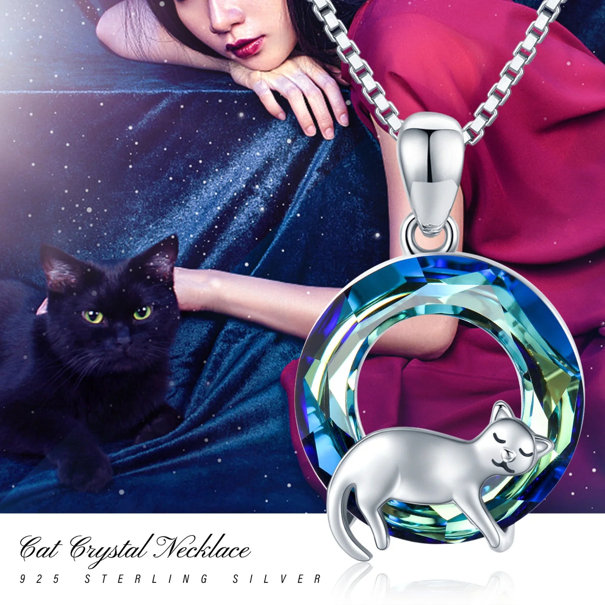 Cat Crystal Pendant Necklace 925 Sterling Silver U483
