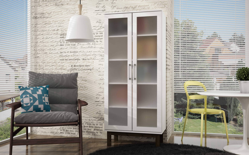 White 5-Shelf Bookcase with Wooden Legs J107