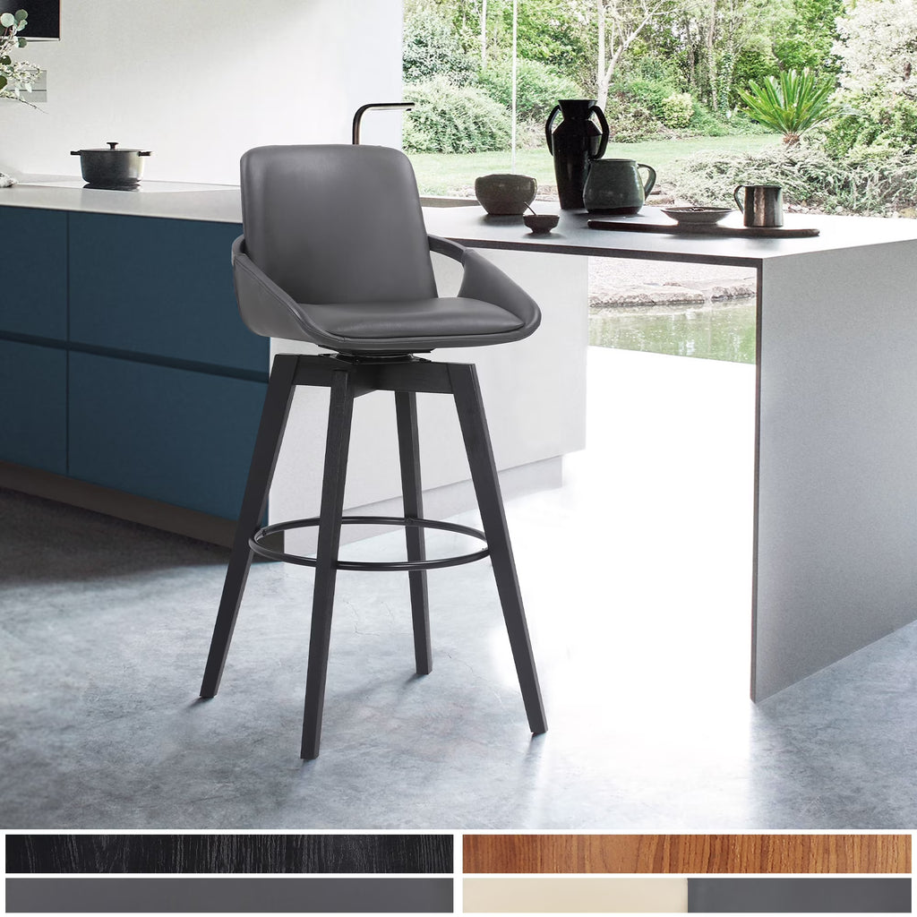 Gray Faux Leather and Black Wood Swivel Bar Stool N510