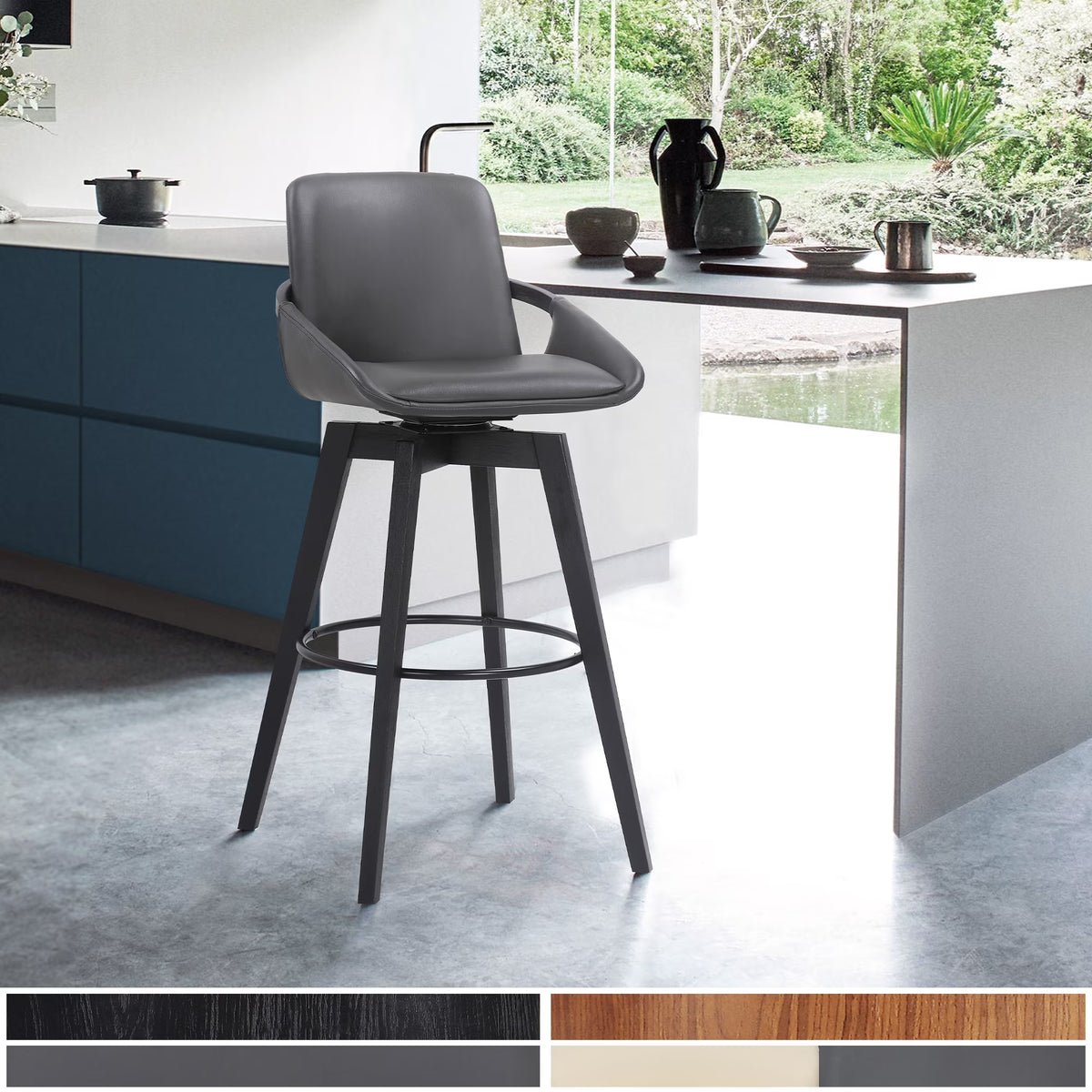 Gray Faux Leather and Black Wood Swivel Bar Stool N510