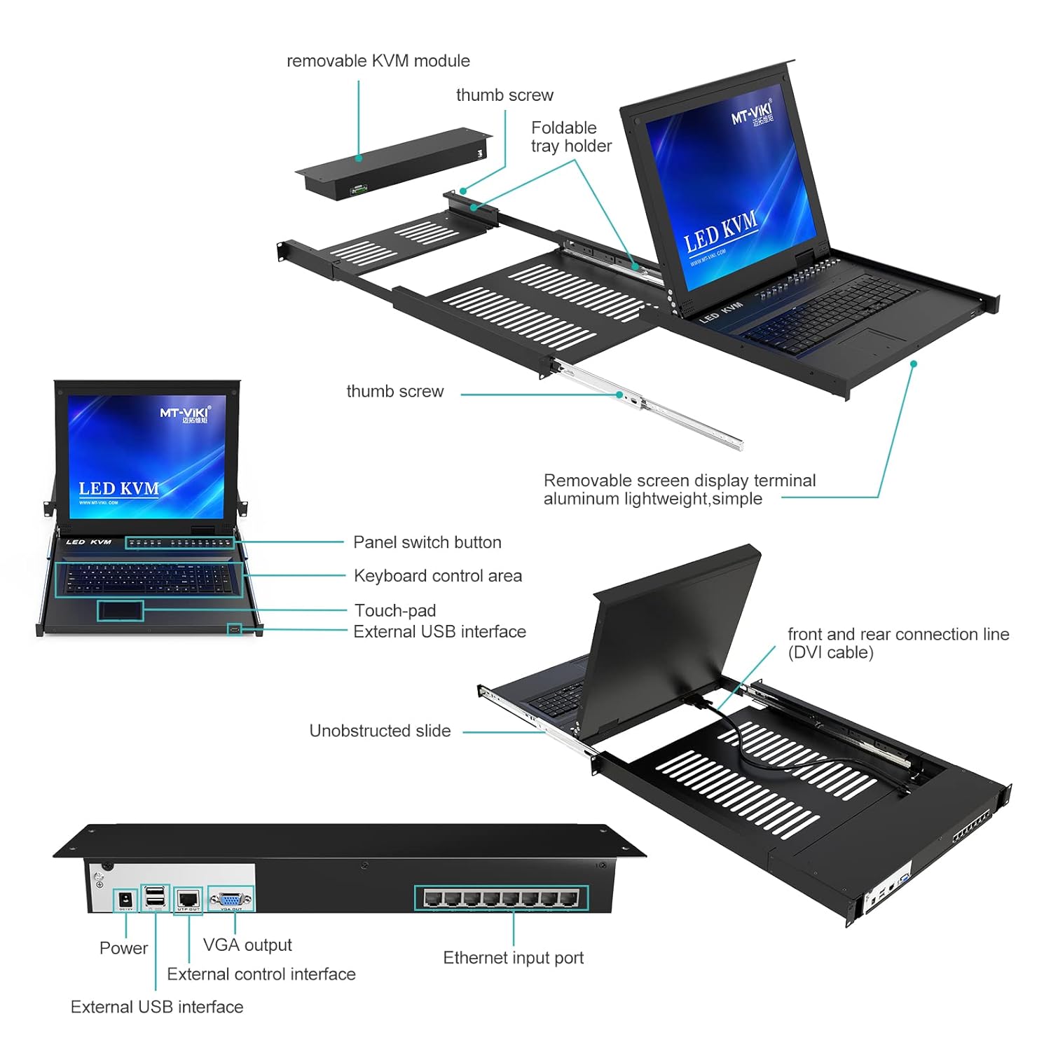 1U 17'' Rack Mount KVM Switch Over Cat 5e with 8 Packs VGA CAT5e Dongle K784