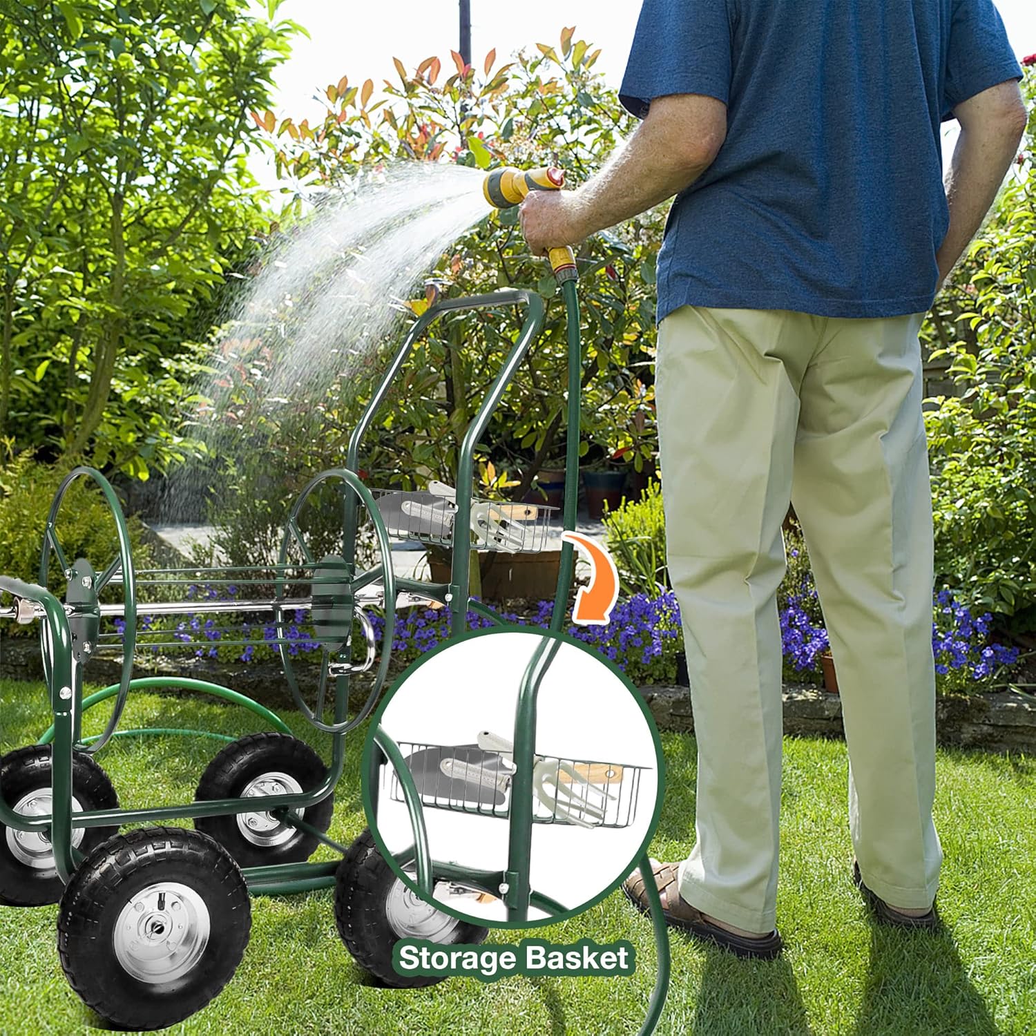 Garden Hose Reel Cart 4 Wheels with Storage Basket, Holds 390FT Hose D572507
