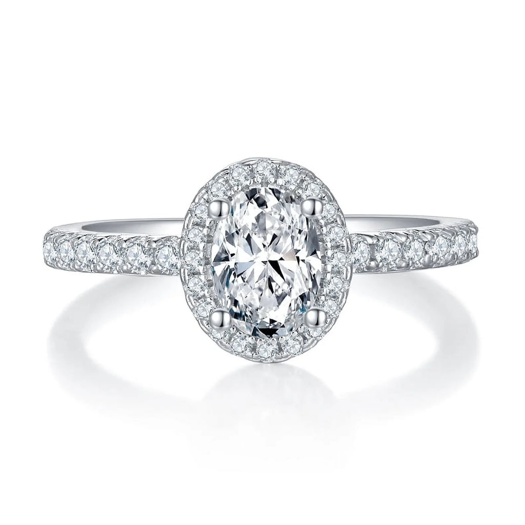 Pear Cut Moissanite Engagement Ring Pave Halo In 18K White Gold Plating Over Silver I1382