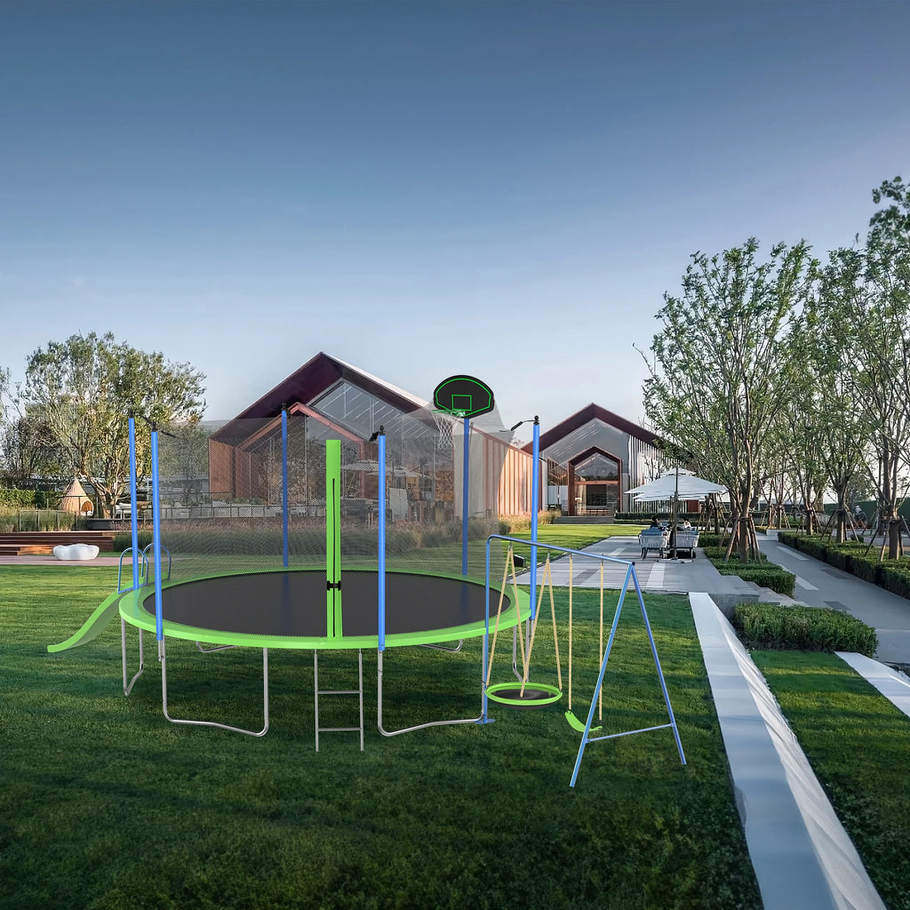 12ft Kids Trampoline with Swing, Slide, Basketball Hoop, Safety Enclosure Net F444224