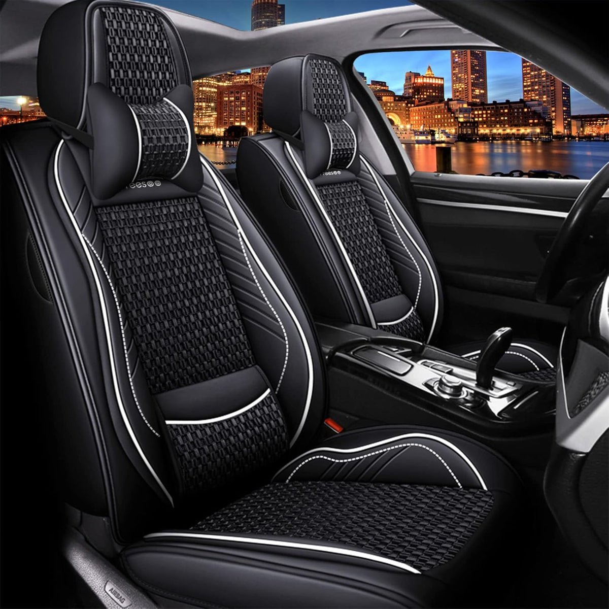Black Red 9 Leather Car Seat Covers Full Set Q701943