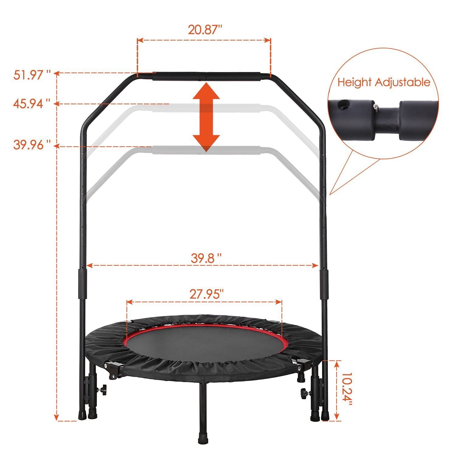 Foldable Fitness Trampoline with 3-Level Adjustable Foam Handrail F7892
