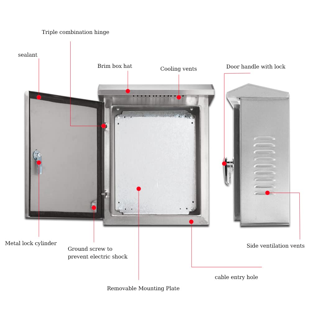 304 Stainless Steel Electrical Box 20'' x 16'' x 8'' IP65 Weatherproof Enclosure with Mounting Plate A423