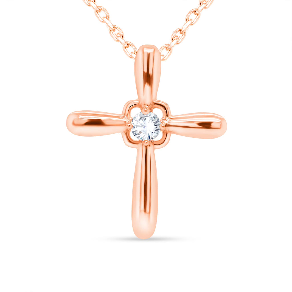 14K Rose Gold Diamond Cross Necklace Pendant, 18 Inch Chain A4872