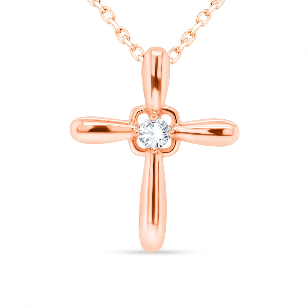 14K Rose Gold Diamond Cross Necklace Pendant, 18 Inch Chain A4872