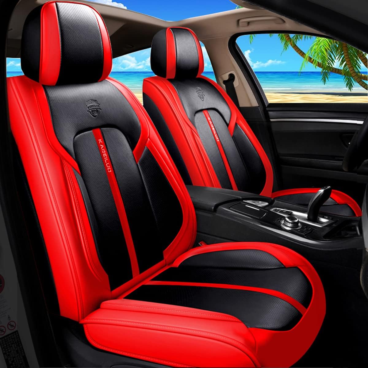 Red & Black Leather Car Seat Covers 5 Seats Full Set F941961